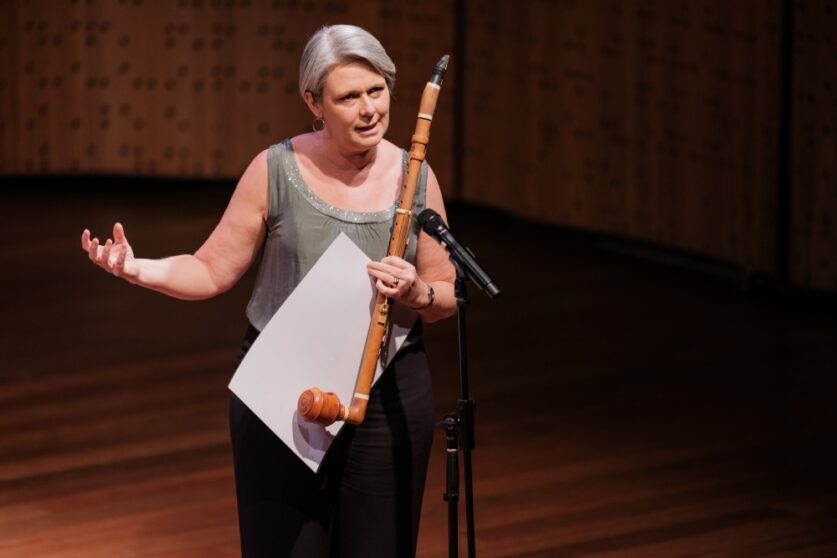 Nicole van Bruggen with a basset clarinet. Photo Nick Gilbert. 