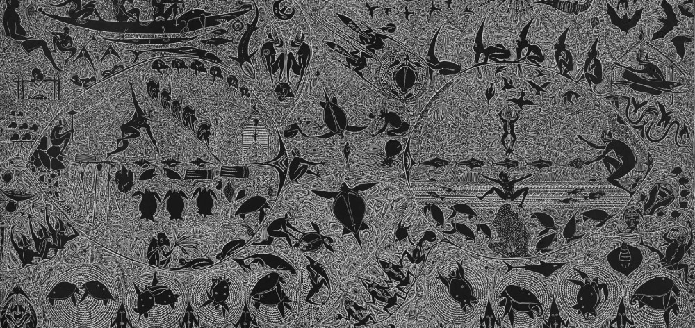 A new exhibition of works by Alick Tipoti is on at the Jervis Bay Maritime Museum, including intricate linocut prints.