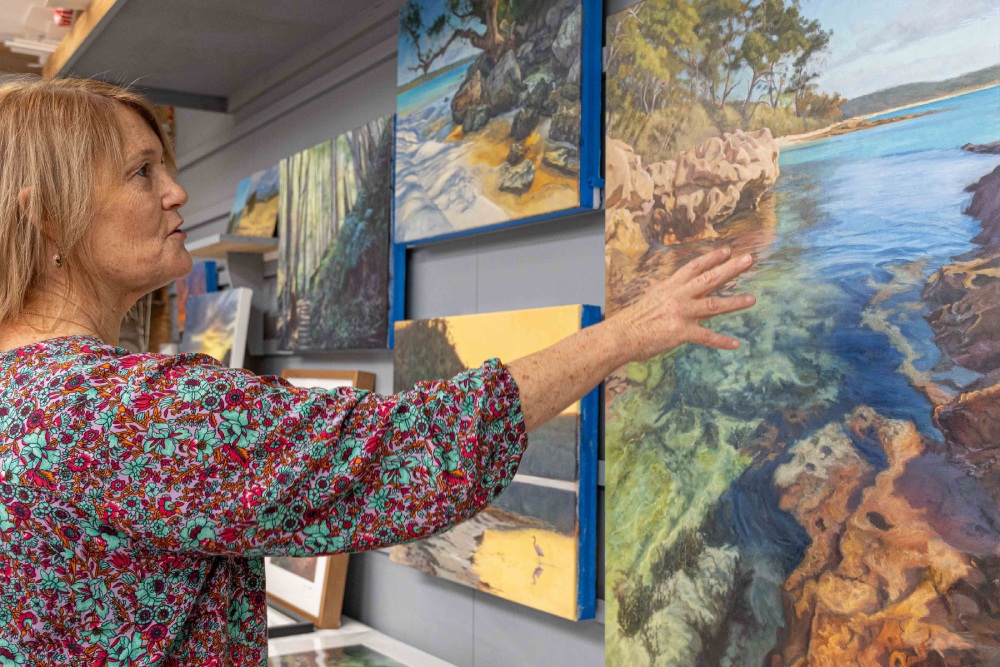 Jenny loves describing her process and materials to visitors on the Jervis Bay Arts Trail. Photo: Tania Genoves
