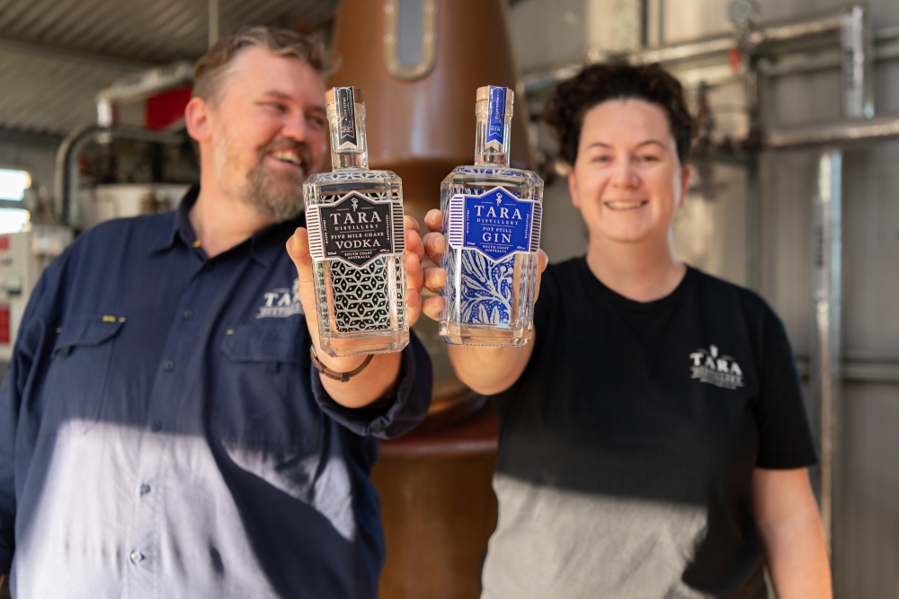 Tara Distillery in Nowra Hill founders Ben Stephenson and Alarna Doherty with their signature Gin and Vodka.