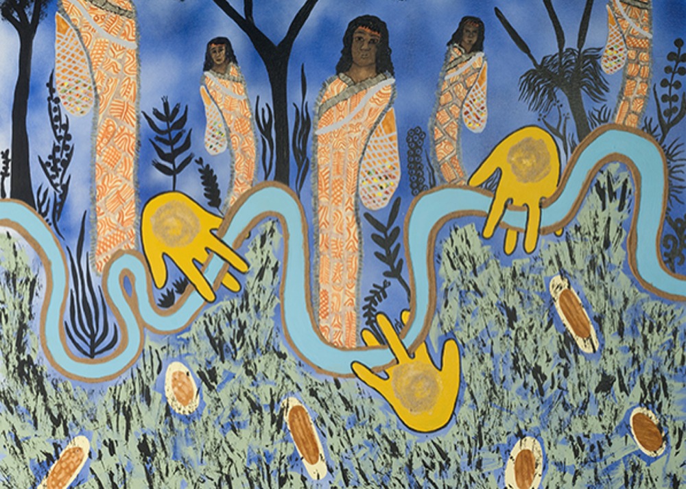 Dr Esther Callcott described Charles Sturt University's First Nations Commitment, showing this artwork by Ilawanti Ungkutjuru Ken.