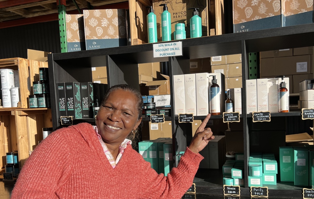 At the PhycoHealth factory shop in Woollamia Jervis Bay, Rosanna Angus admires the Lanje skin care range on sale. Photo Samantha Tannous