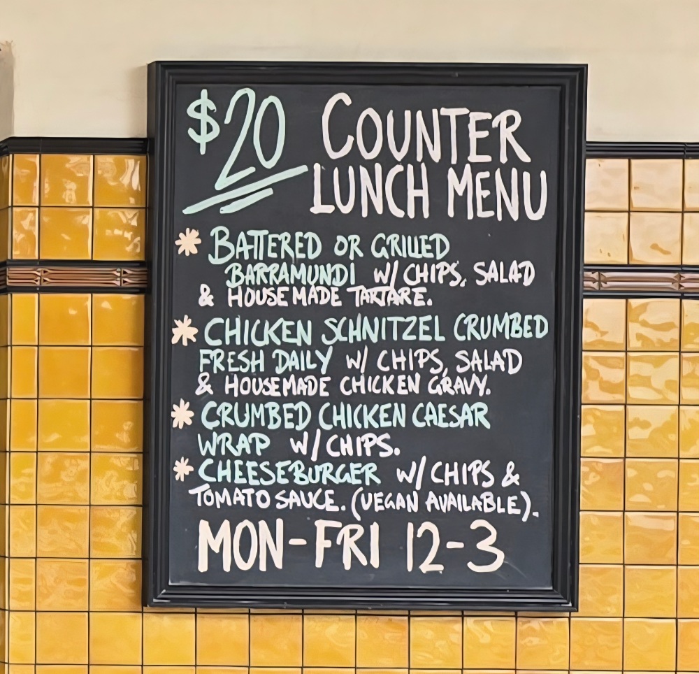 Bud's Tavern Huskisson chalkboard advertising Aussie pub counter lunch specials. Photo Narrell Tabone