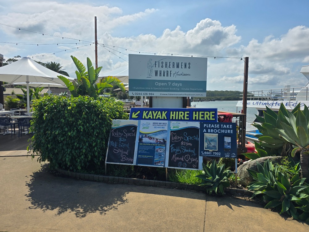 Daily special chalkboard at Fishermens Wharf Huskisson with Jervis Bay sea views. Photo Narrell Tabone
