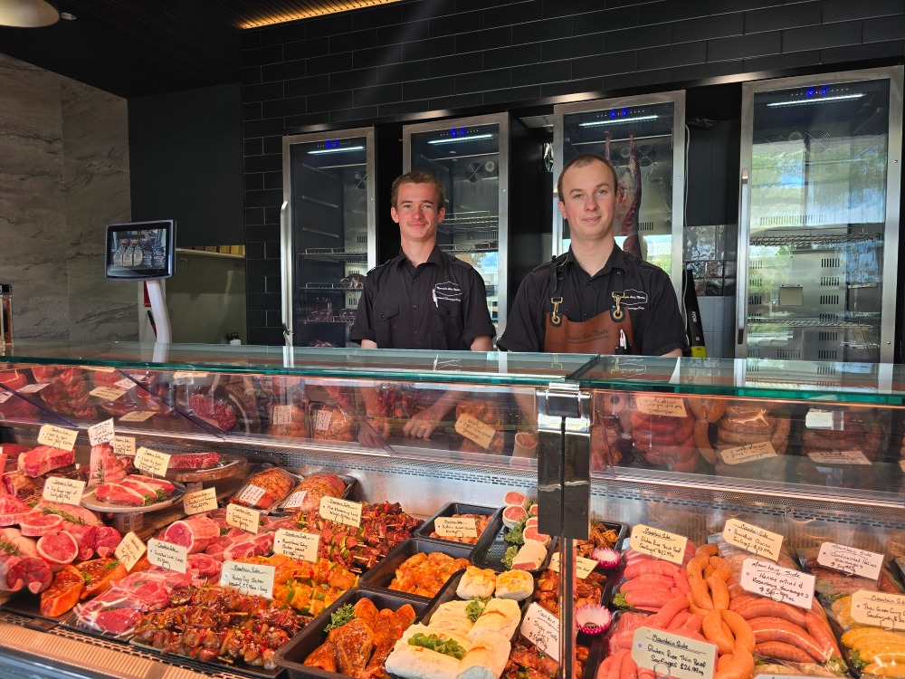 Lauchlan Alcock and brother Benjamin at Mountain Side Meats Vincentia with local paddock-to-plate lamb.