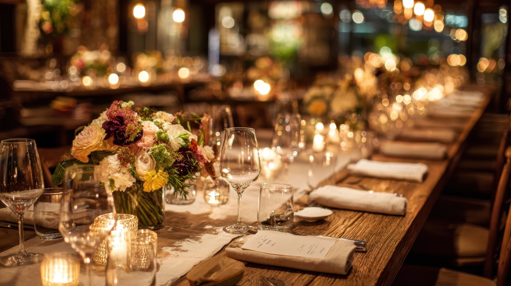 Long dining table set for a celebration, in the Autumn Celebration of Food by the Shoalhaven Food Network. Adobe Stock image