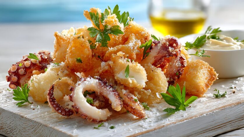 Wine paired with classic Italian dishes like misto fritto at a collaborative dinner by La Vespa Restaurant and Silos Estate.