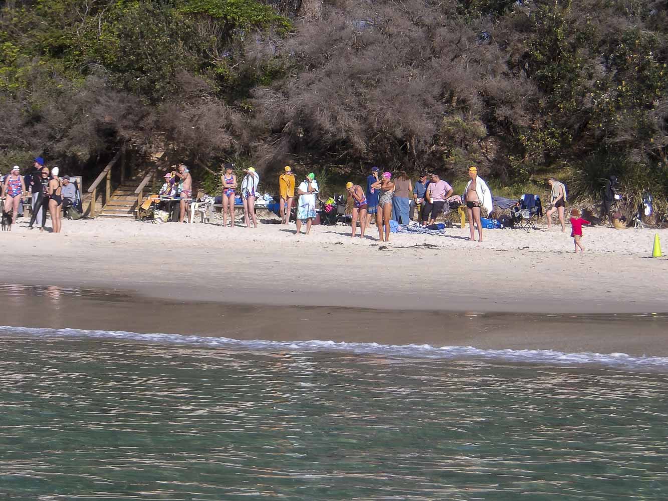 Swimmers and friends line the beach at a Wobbegongs winter swimming club meet. Photo Seana Smith