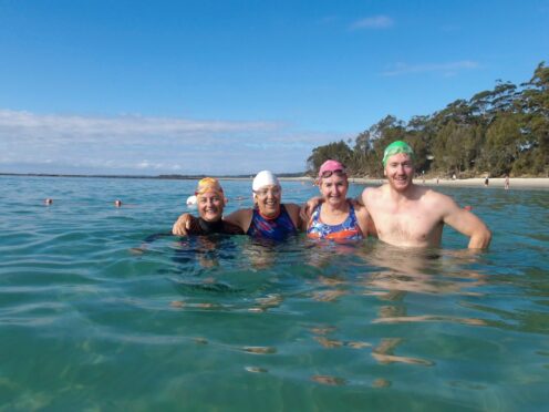 Winners! Giordana, Lani, Leanne and Bryce after their finals in the Wobbegongs winter swim races at Huskisson Beach. Photo Seana Smith