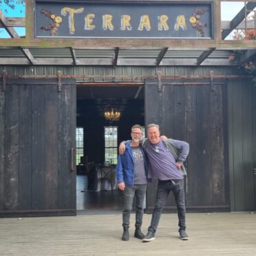 Chef Stephen Santucci (left) and media personality Simon Marnie visit Terrara House for inspiration on their Chef's Challenge menu.